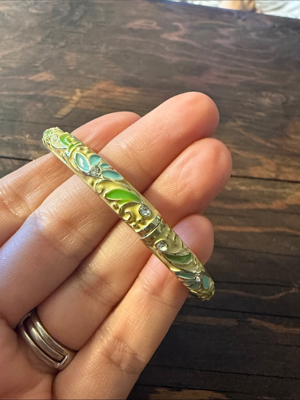 Gold Plated Green & Blue Enamel Floral Bangle Bracelet